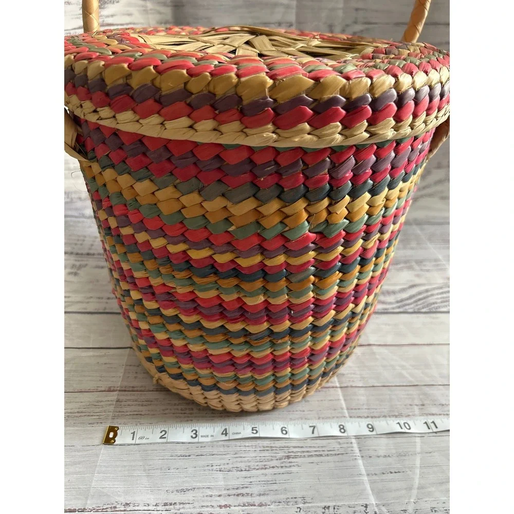VTG Woven Snake Charmer Basket Boho Multicolor Striped Braided Handle Storage